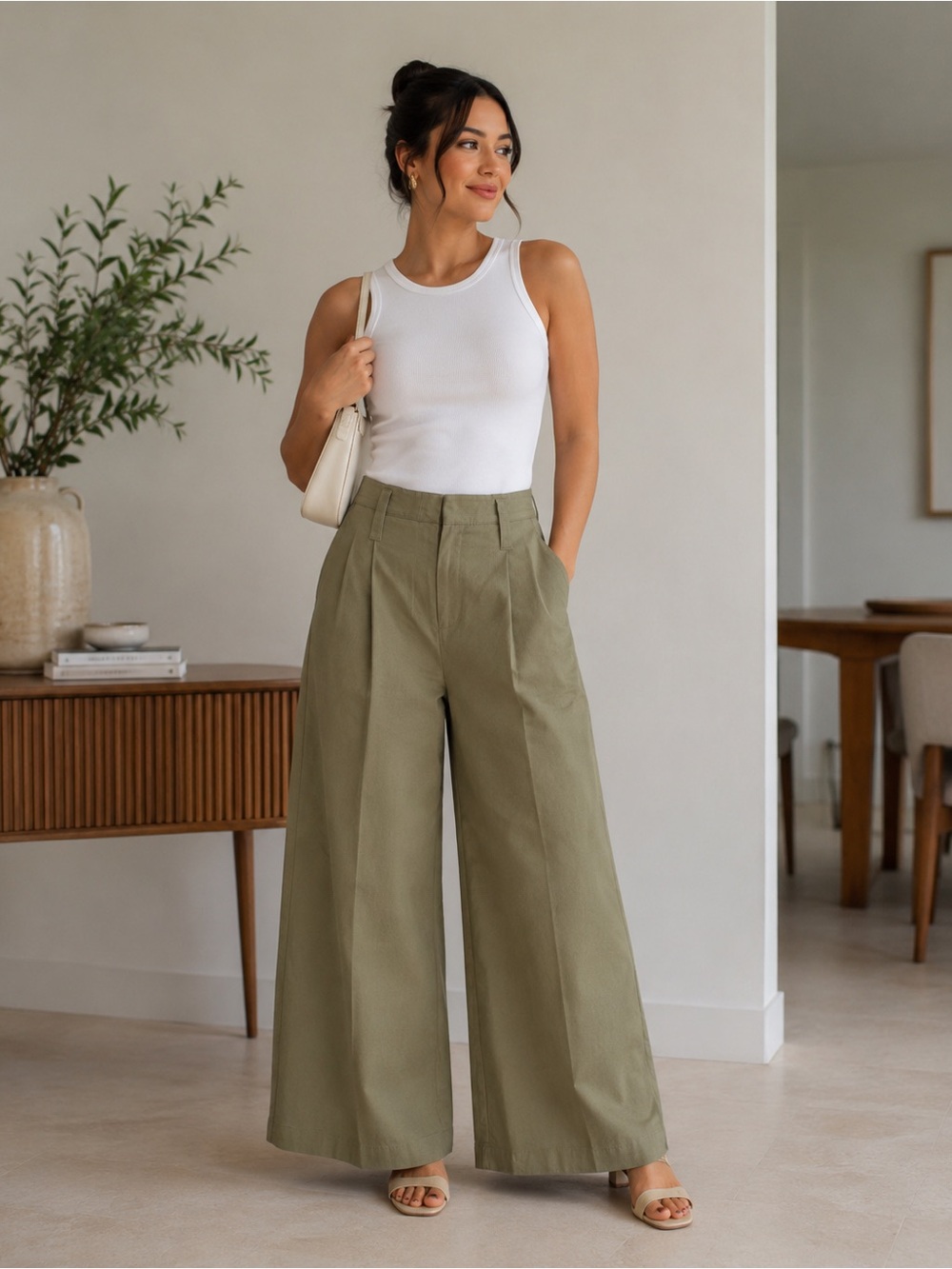 Simply Vera Vera Wang Olive High-Rise Wide-Leg Pants size 6 with zip women